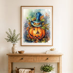 Finished whimsical watercolor pumpkin cross stitch artwork displayed as home decor