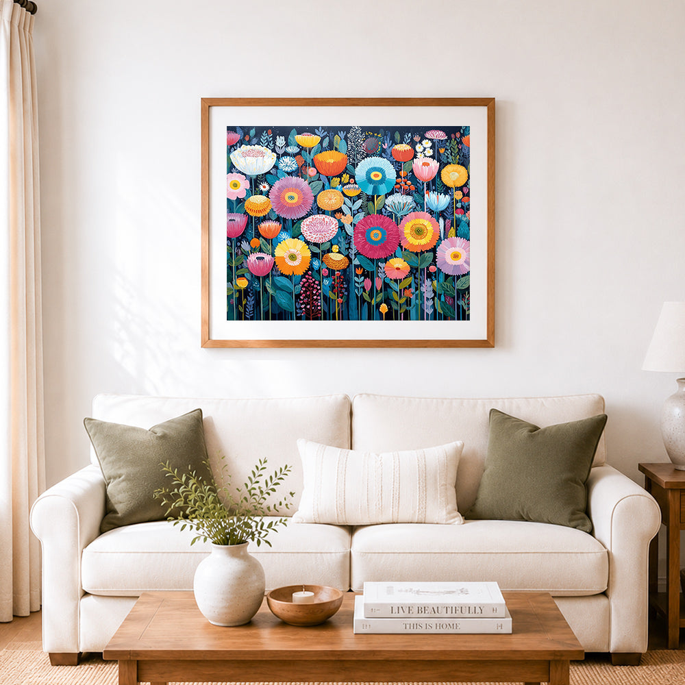 Finished whimsical wildflower garden cross stitch artwork displayed as home decor