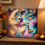 Finished whimsical witch on moon pearl diamond painting artwork displayed as holiday home decor
