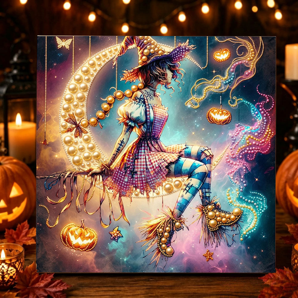 Whimsical witch on moon pearl diamond painting kit for beginners