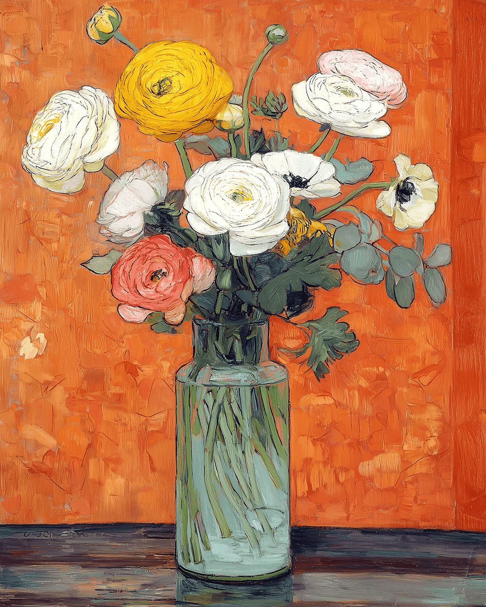 White and yellow ranunculus in glass vase cross stitch kit for beginners