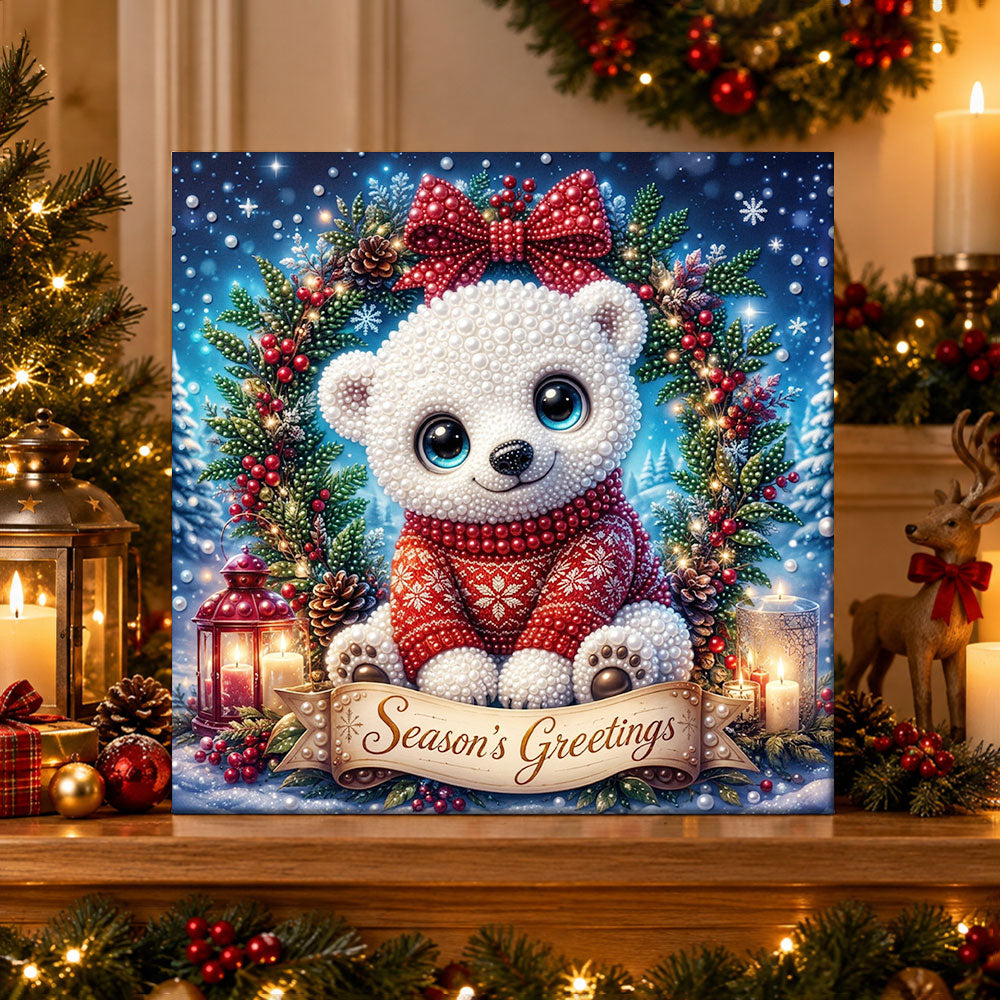 Finished white bear season's greetings pearl diamond painting artwork displayed as holiday home decor