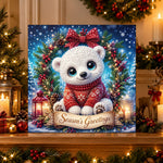 Finished white bear season's greetings pearl diamond painting artwork displayed as holiday home decor