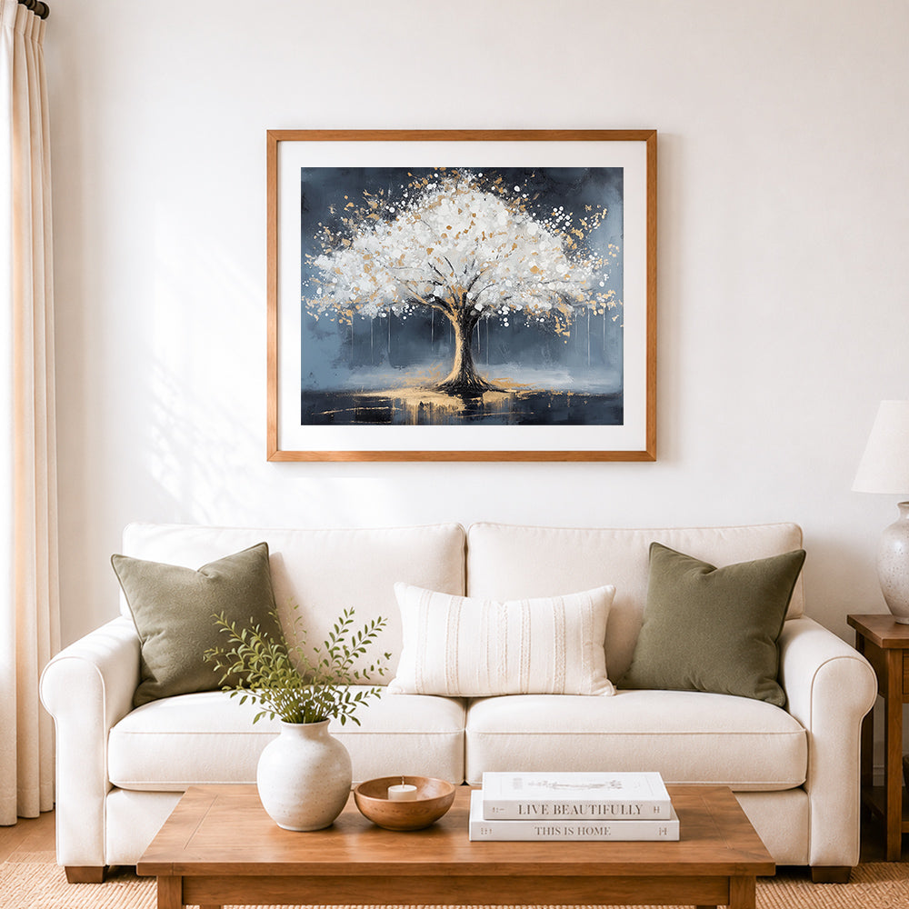 Finished white blossom tree with gold leaf accents cross stitch artwork displayed as home decor