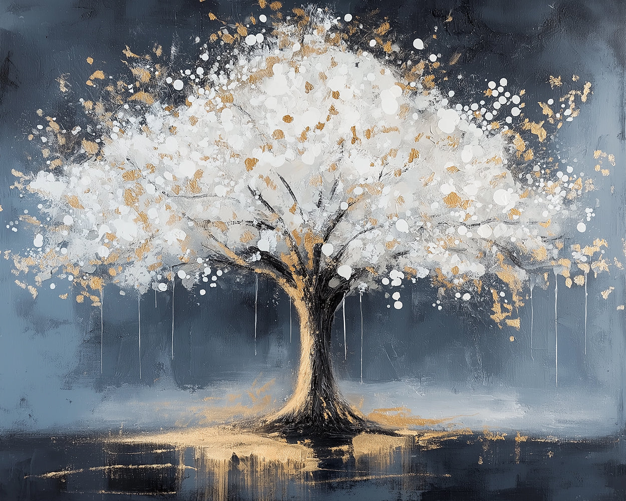 White blossom tree with gold leaf accents cross stitch kit for beginners