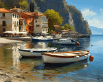 White boats moored in cliffside mediterranean village cross stitch kit for beginners