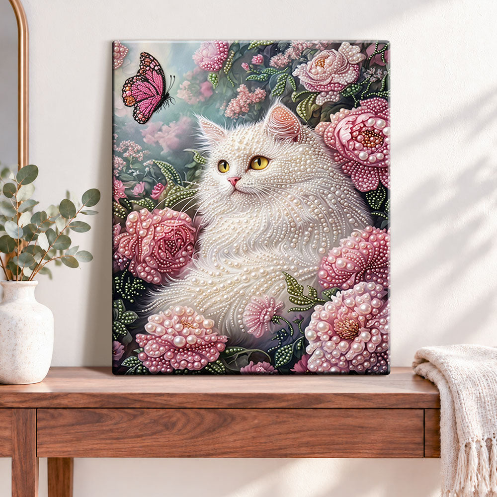 Finished white cat in peony pearl diamond painting artwork displayed as home decor