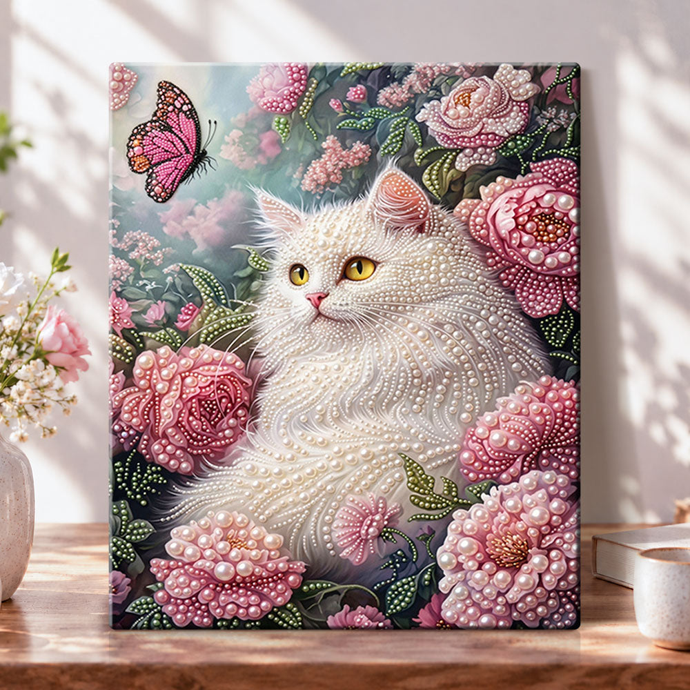 White cat in peony pearl diamond painting kit for beginners