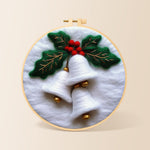 White christmas bells with holly needle felting kit for beginners with a round wooden frame