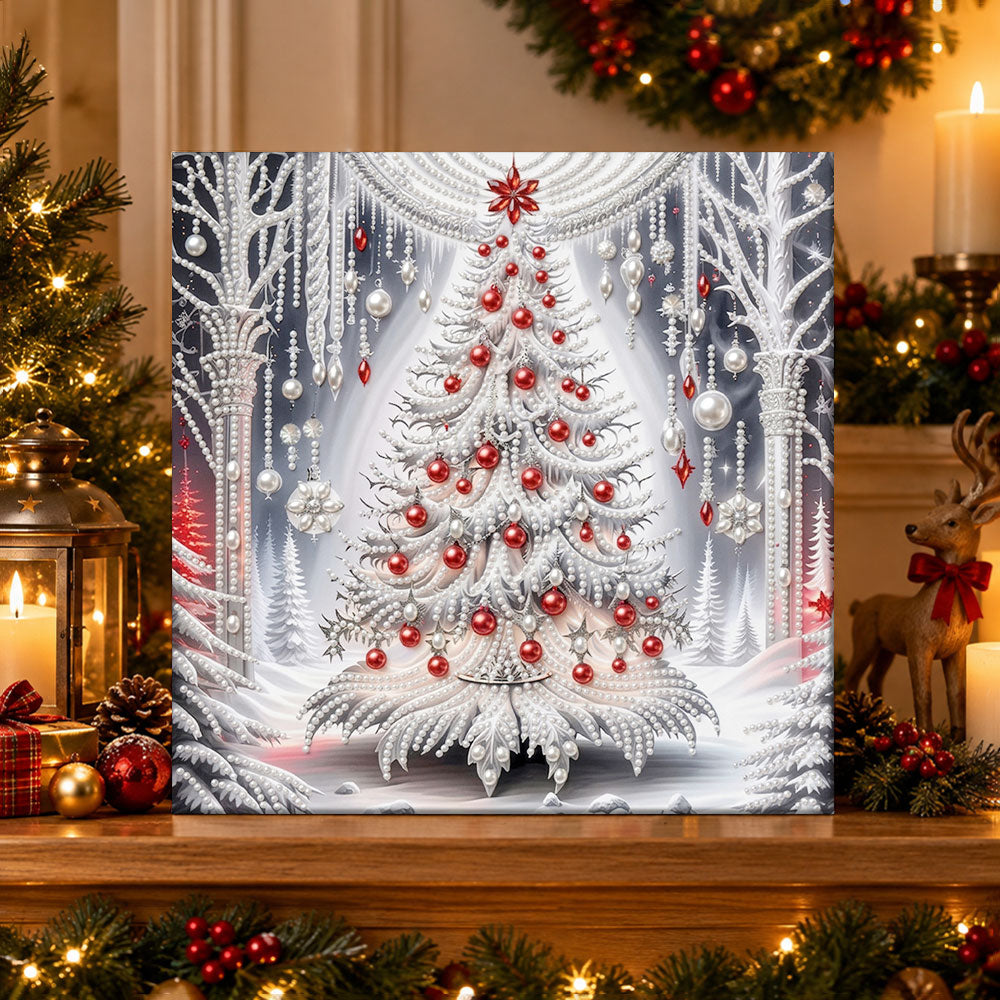 Finished white christmas tree with red ornaments pearl diamond painting artwork displayed as holiday home decor