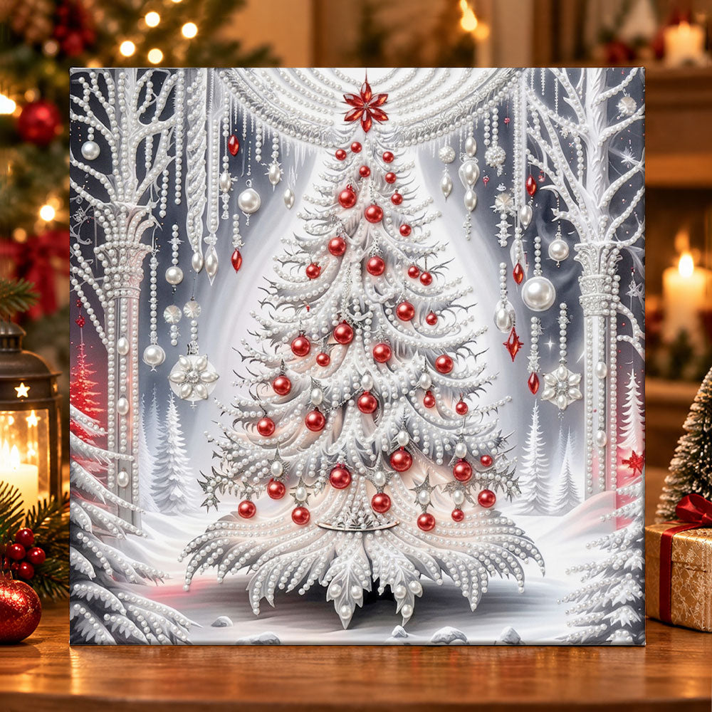 White christmas tree with red ornaments pearl diamond painting kit for beginners
