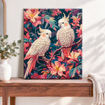 Finished white cockatoo pair pearl diamond painting artwork displayed as home decor