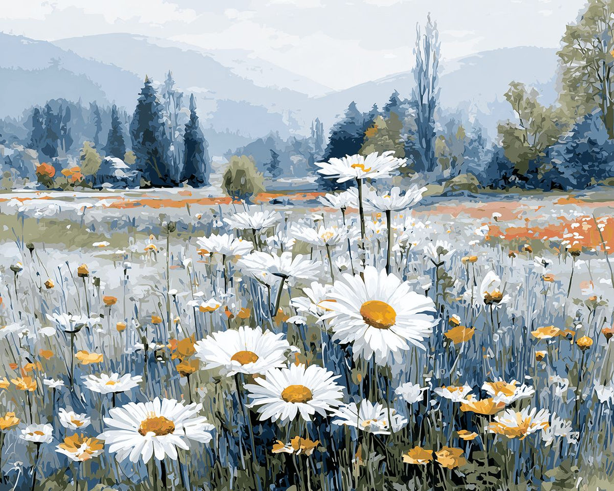White daisies in a blue mountain field cross stitch kit for beginners