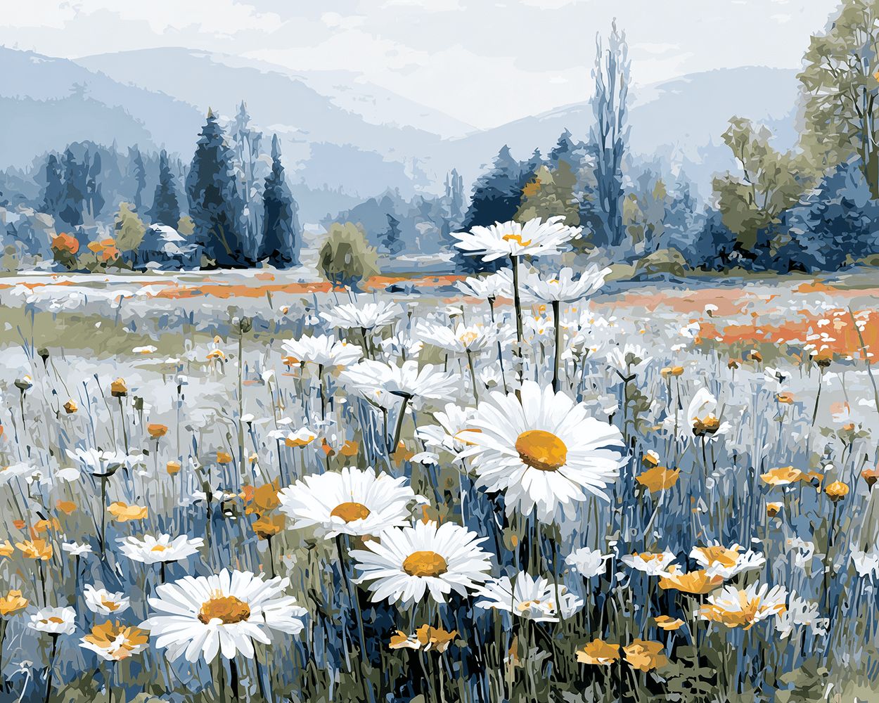 White daisies in a blue mountain field cross stitch kit for beginners