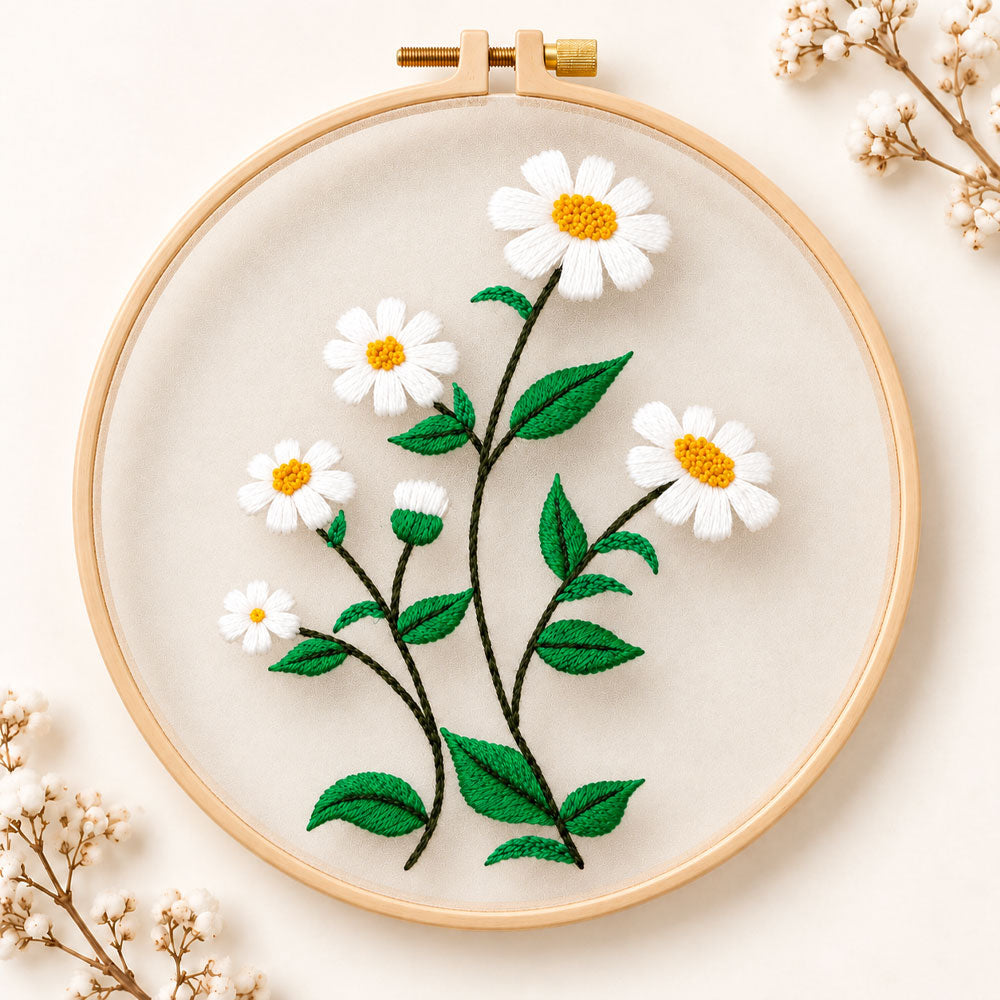 White daisies with green leaves embroidery kit