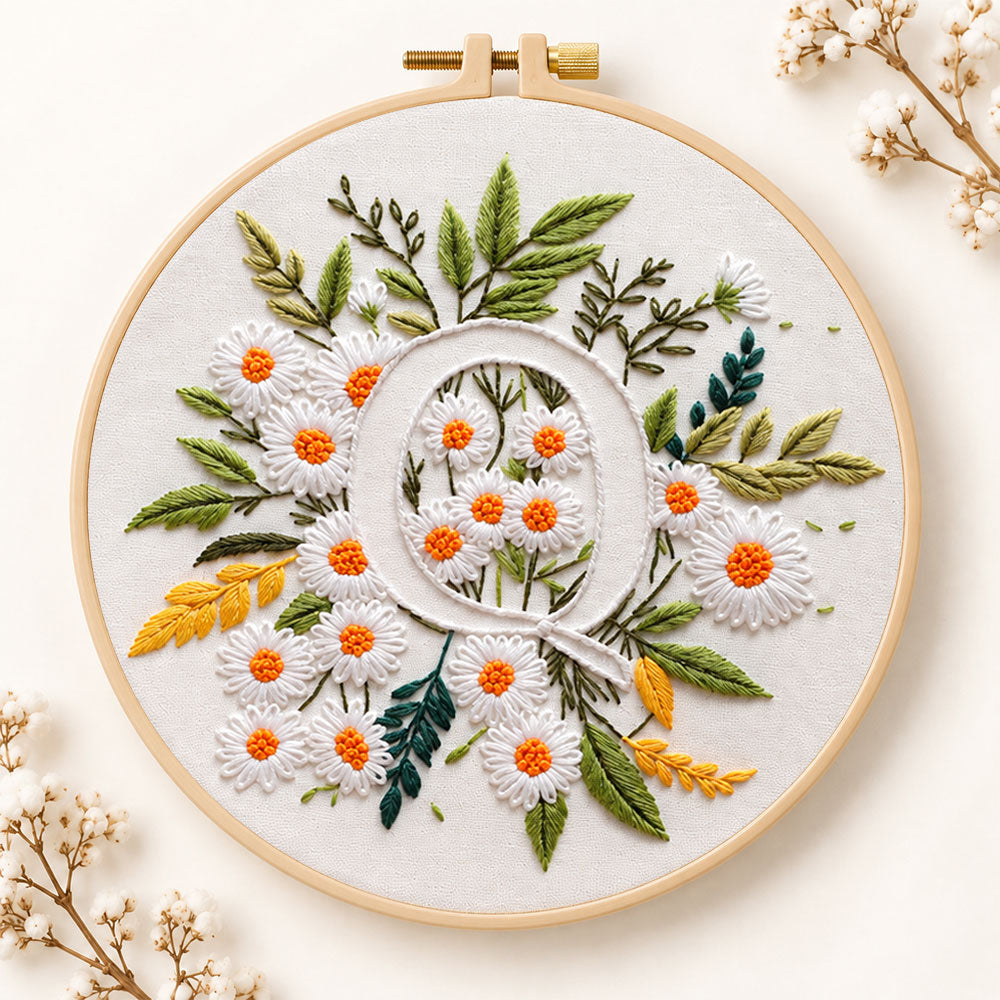 White daisy cluster and letter q embroidery kit