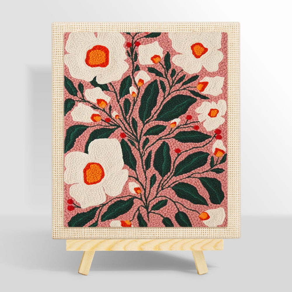 White florals on dusty pink background punch needle kit for beginners