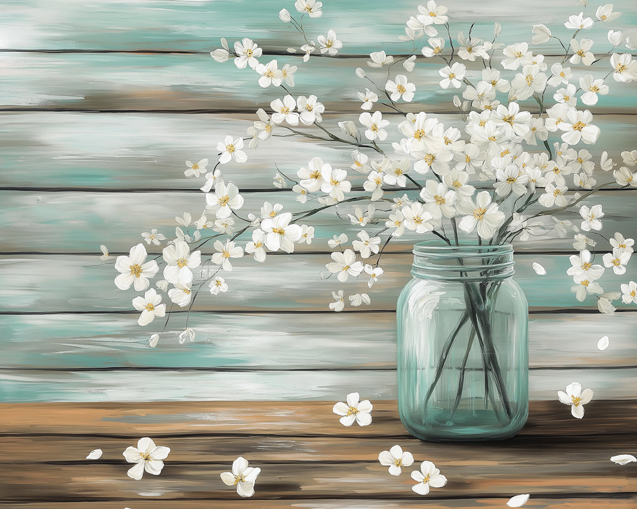 White flowers in teal jar on rustic wood cross stitch kit for beginners