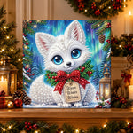 Finished white fox warm winter wishes pearl diamond painting artwork displayed as holiday home decor