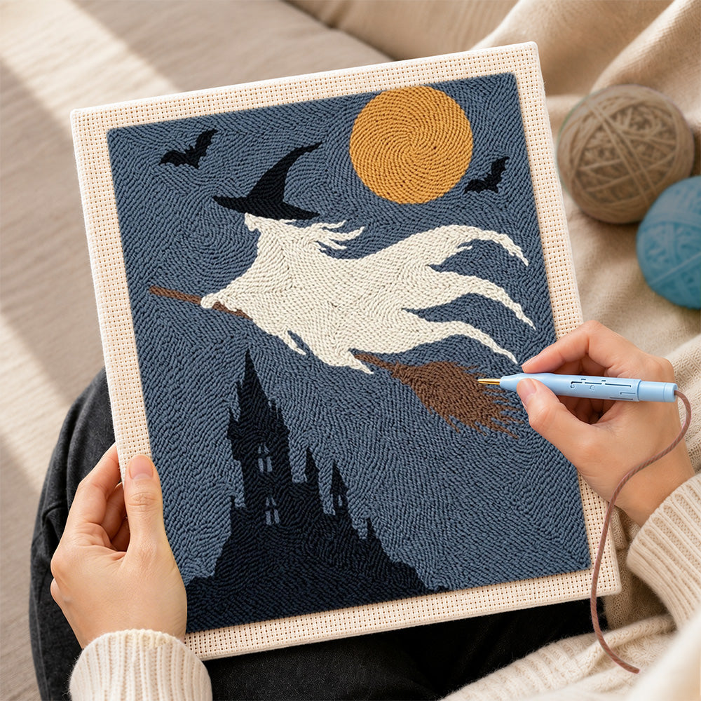 Creating handmade white ghost witch punch needle artwork