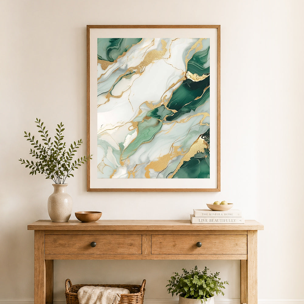Finished white green gilded marble cross stitch artwork displayed as home decor