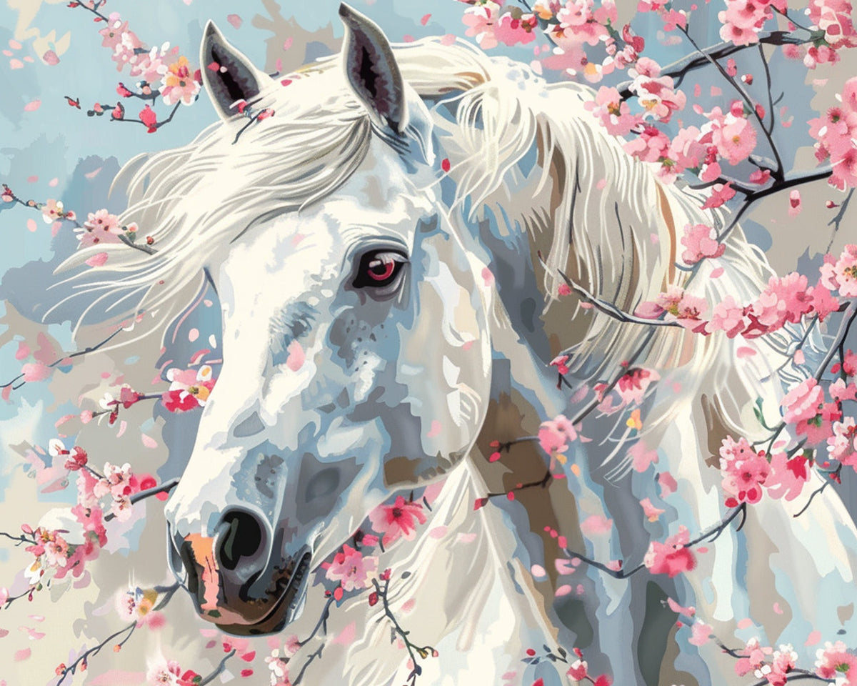 White horse among cherry blooms cross stitch kit for beginners