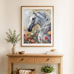 Finished white horse floral art cross stitch artwork displayed as home decor