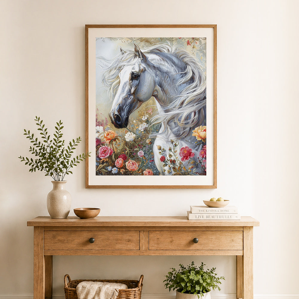 Finished white horse floral art cross stitch artwork displayed as home decor