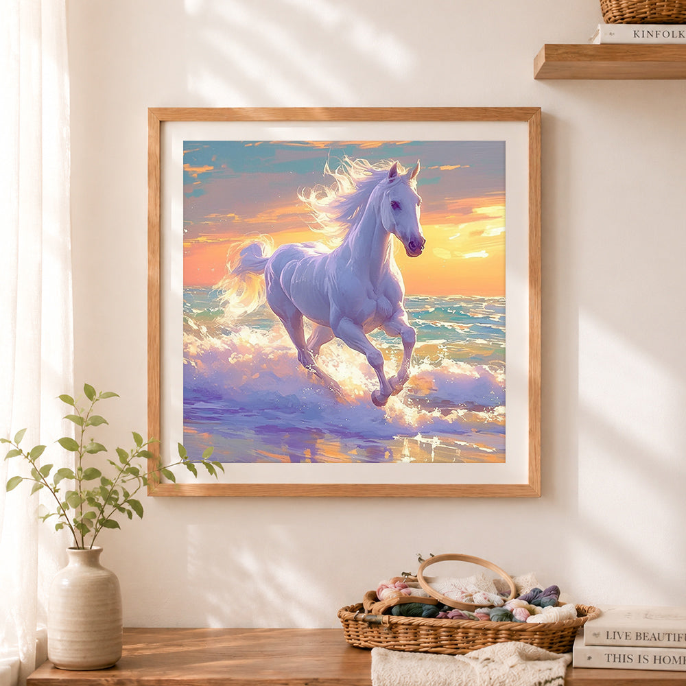 Finished white horse running in ocean waves cross stitch artwork displayed as home decor