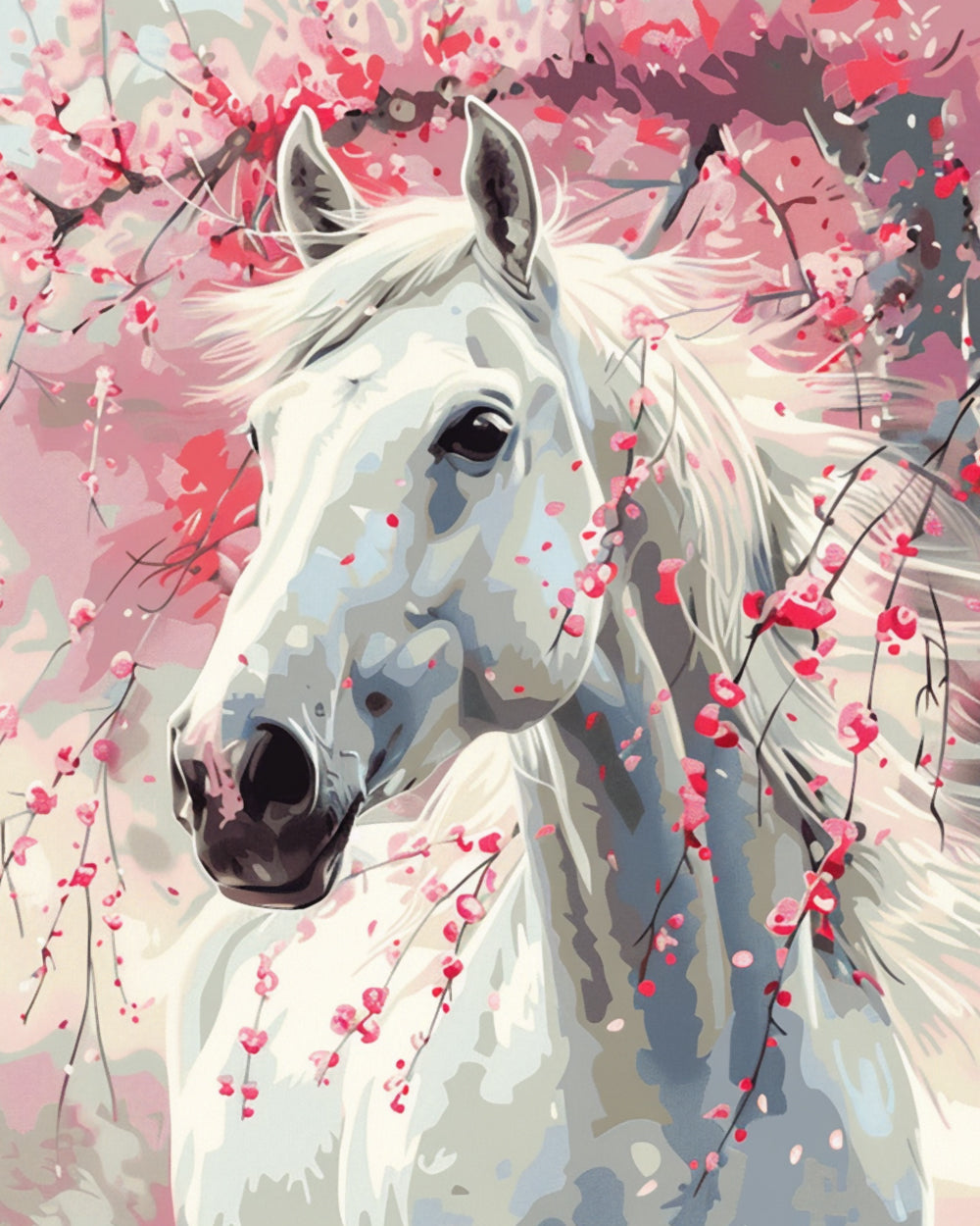 White horse with cherry blossoms cross stitch kit for beginners