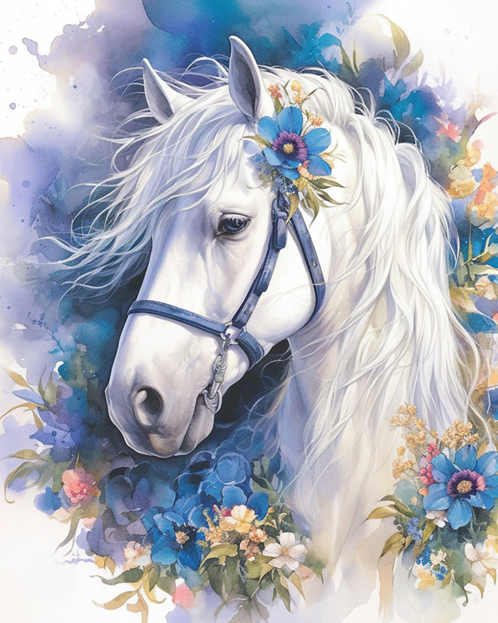 White horse with wild blooms cross stitch kit for beginners