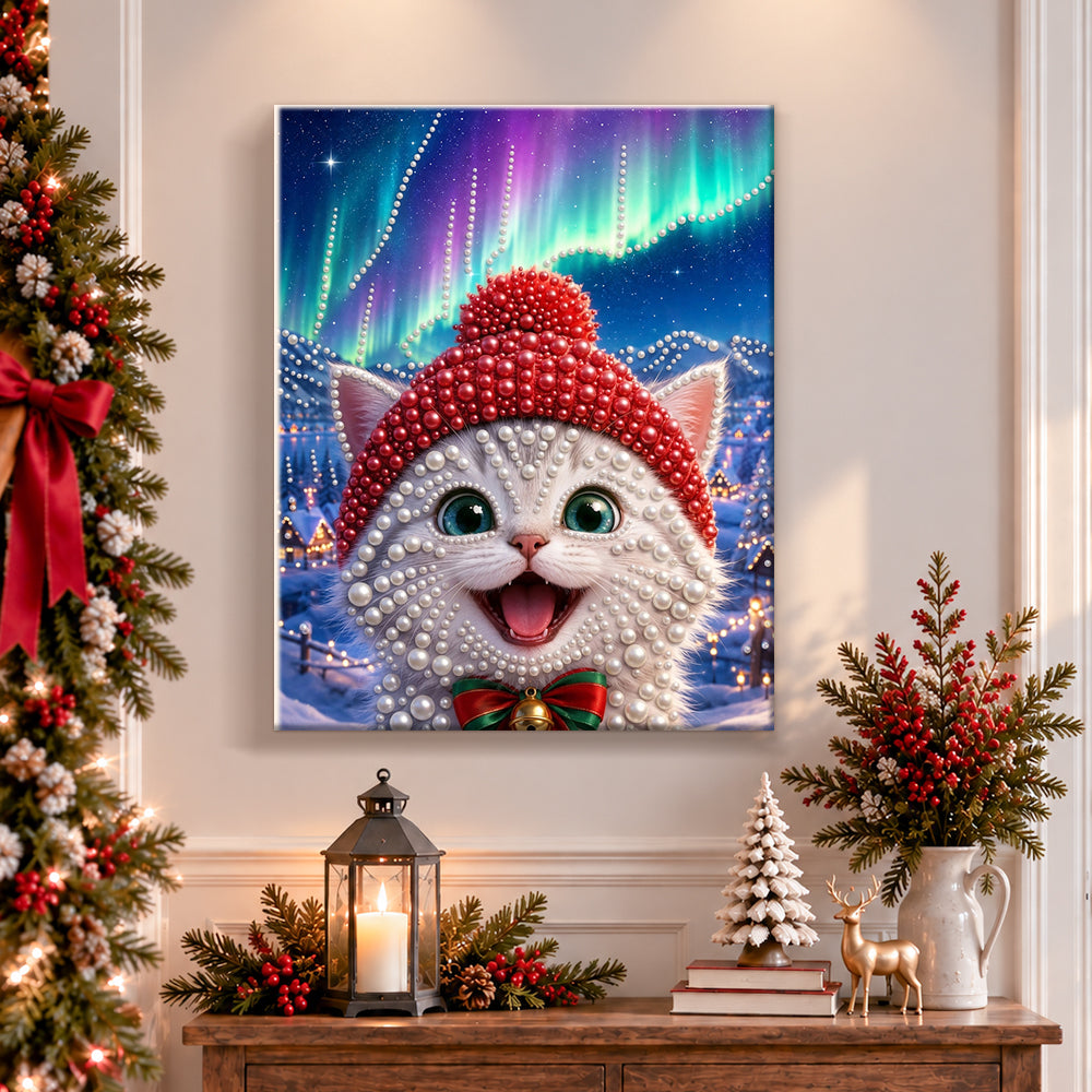 Finished white kitten under aurora borealis pearl diamond painting artwork displayed as holiday home decor