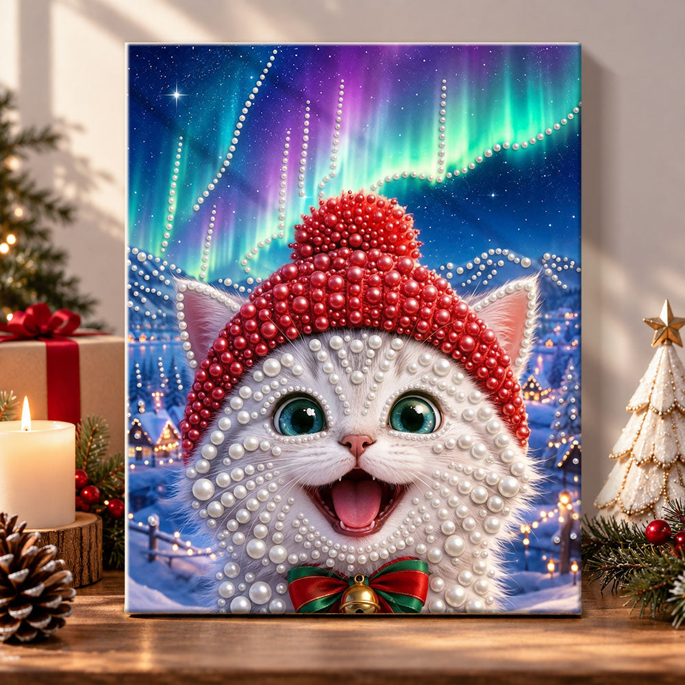 White kitten under aurora borealis pearl diamond painting kit for beginners