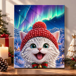 White kitten under aurora borealis pearl diamond painting kit for beginners