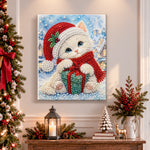 Finished white kitten with christmas present pearl diamond painting artwork displayed as holiday home decor