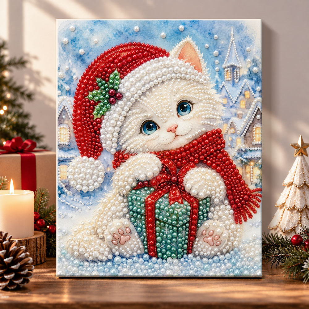 White kitten with christmas present pearl diamond painting kit for beginners