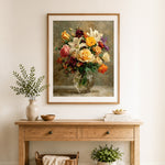 Finished white lilies and yellow roses in glass vase cross stitch artwork displayed as home decor