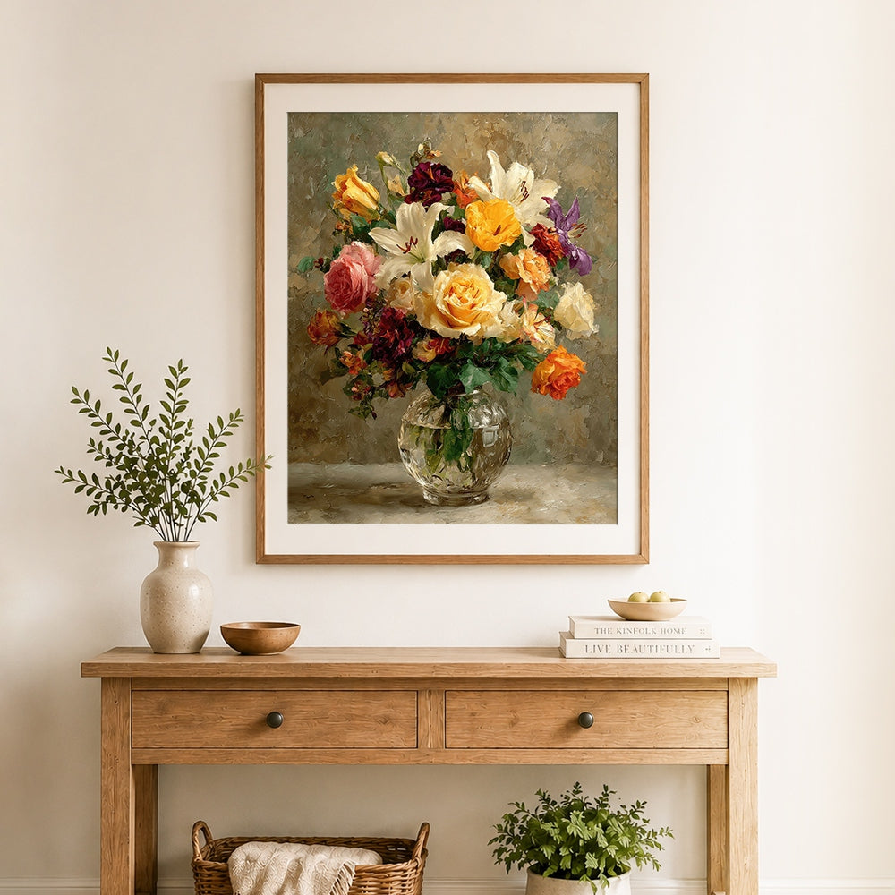 Finished white lilies and yellow roses in glass vase cross stitch artwork displayed as home decor