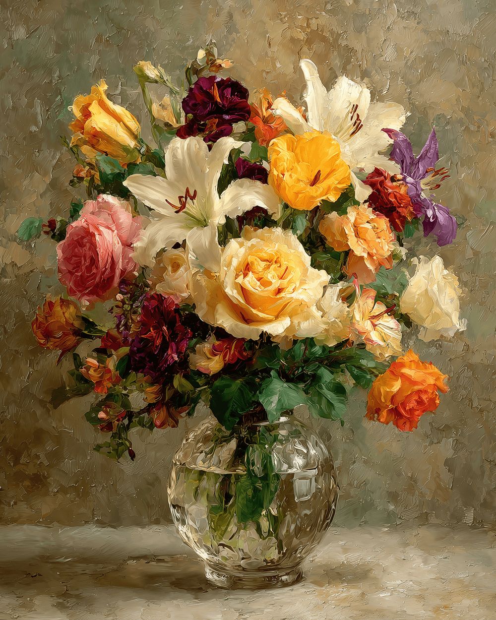White lilies and yellow roses in glass vase cross stitch kit for beginners