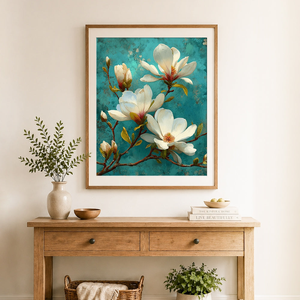 Finished white magnolia flowers cross stitch artwork displayed as home decor