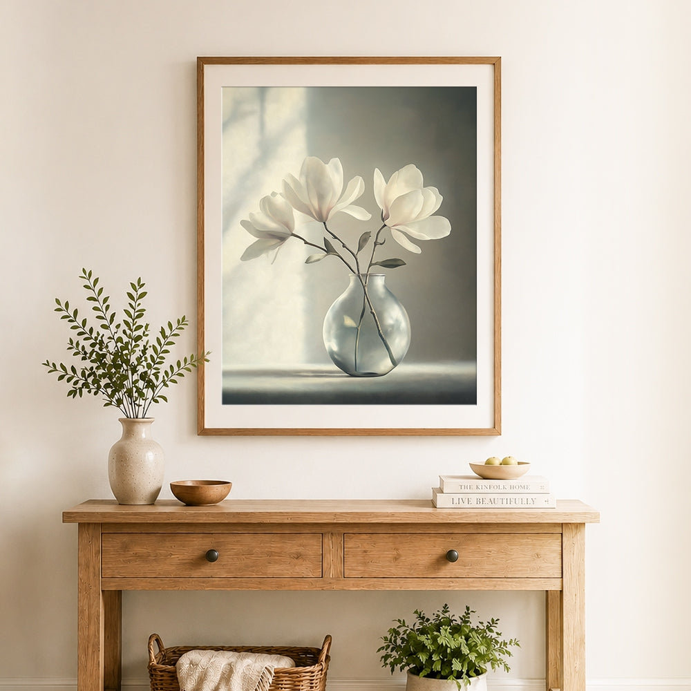 Finished white magnolias in frosted glass vase cross stitch artwork displayed as home decor