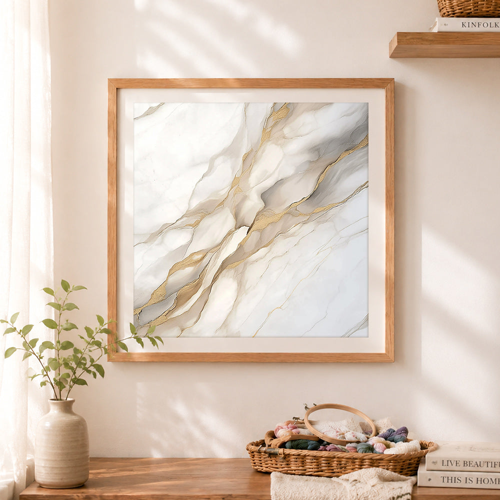 Finished white marble with gold veins cross stitch artwork displayed as home decor