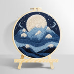 White moon above blue snowy mountains punch needle kit for beginners