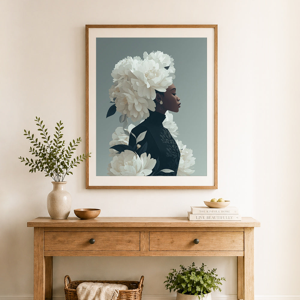 Finished white peony elegance cross stitch artwork displayed as home decor