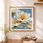 Finished white peony oil painting cross stitch artwork displayed as home decor