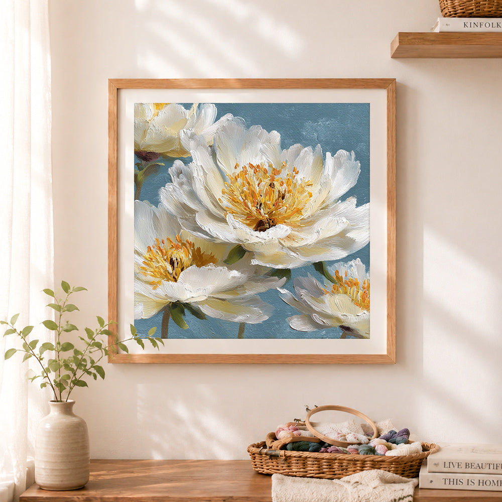 Finished white peony oil painting cross stitch artwork displayed as home decor