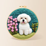 White puppy with pink flowers needle felting kit for beginners with a round wooden frame