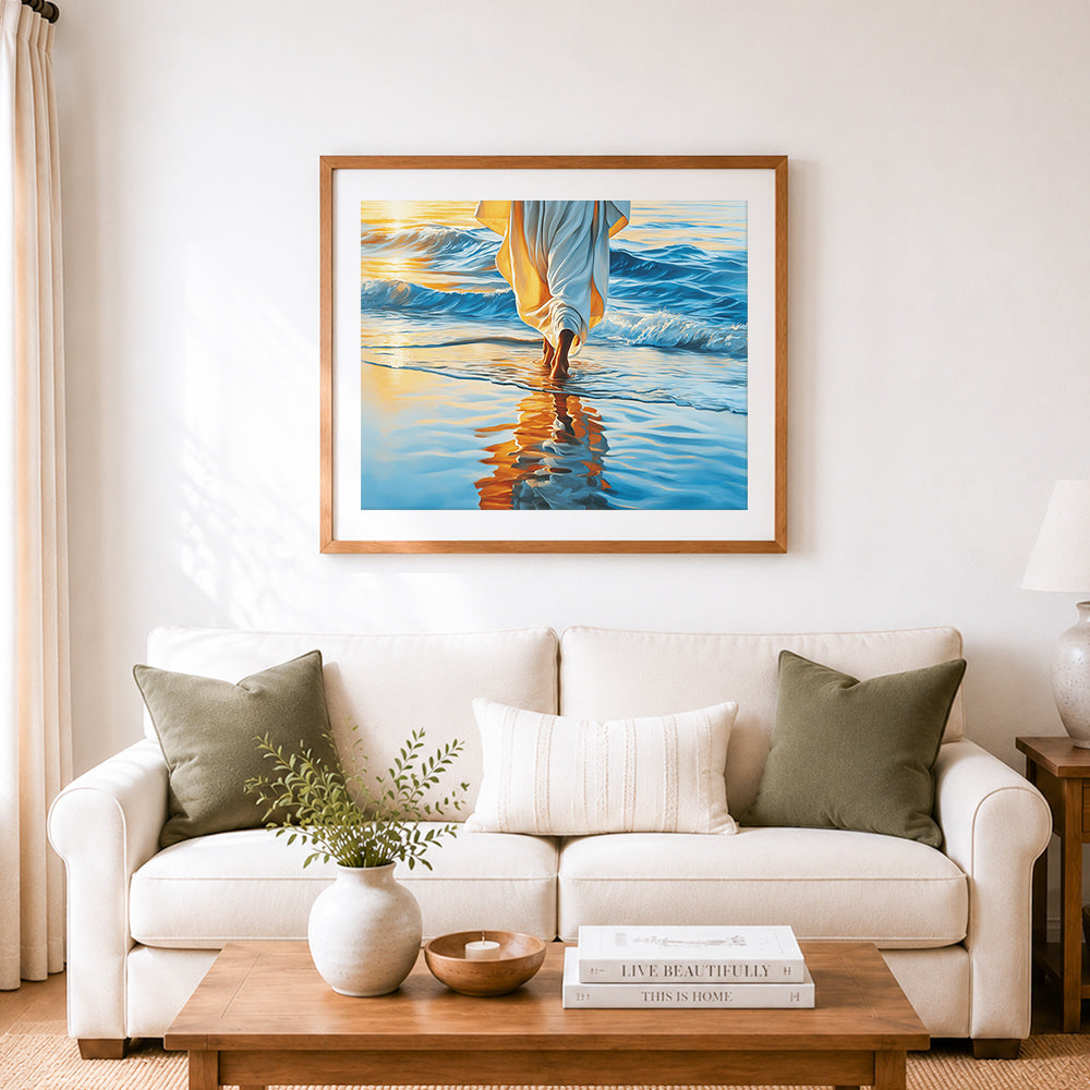 Finished white robe walking on golden water reflection cross stitch artwork displayed as home decor