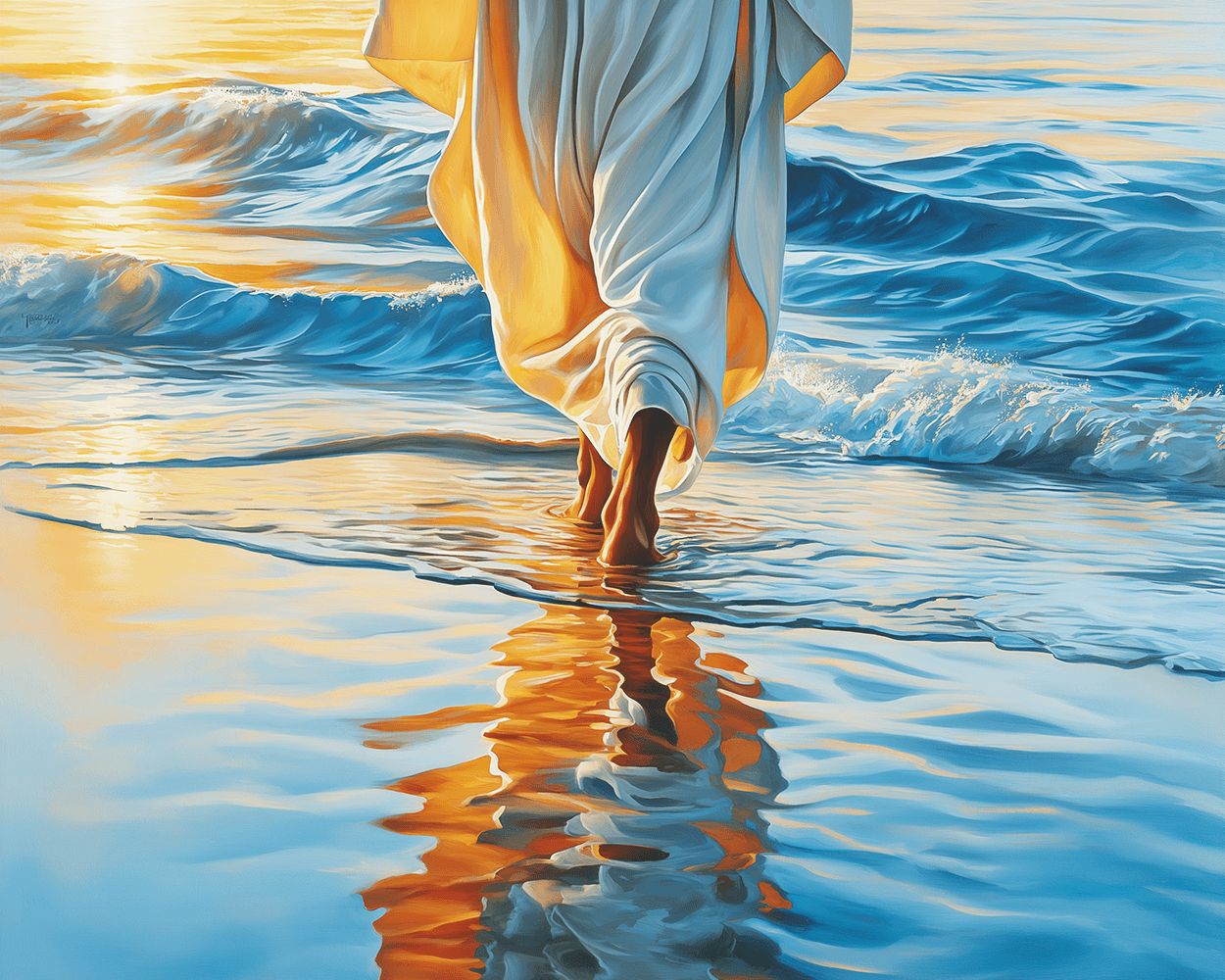 White robe walking on golden water reflection cross stitch kit for beginners