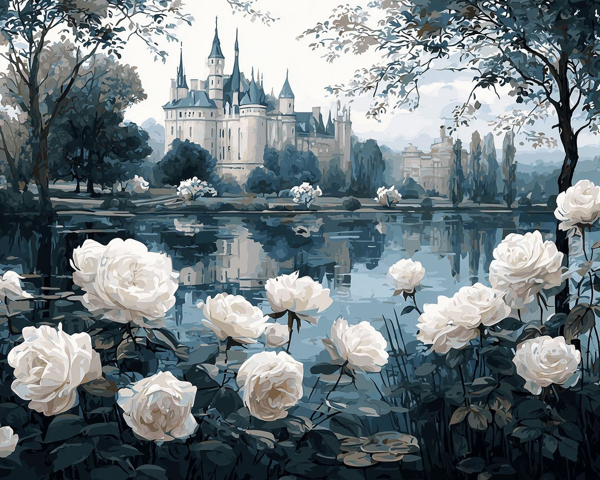White roses and castle reflection on lake cross stitch kit for beginners